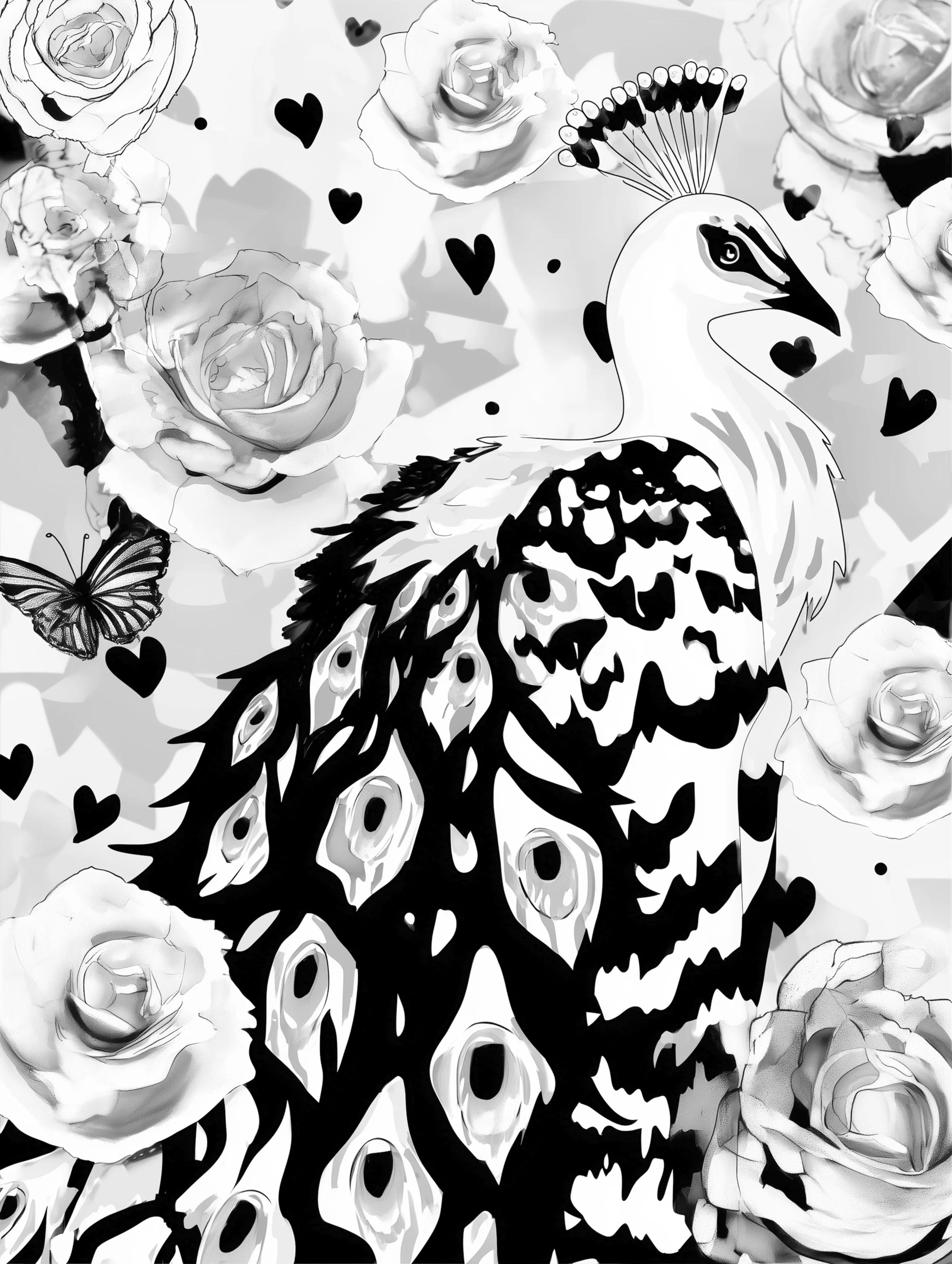 Free printable coloring page of peacock for adults featuring ruffled feathers peacock